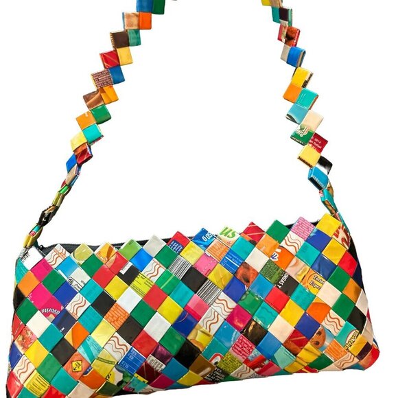 Handbags - Upcycled Cereal Box Purse Colorful Woven Design Eco-Friendly Fashion Handmade